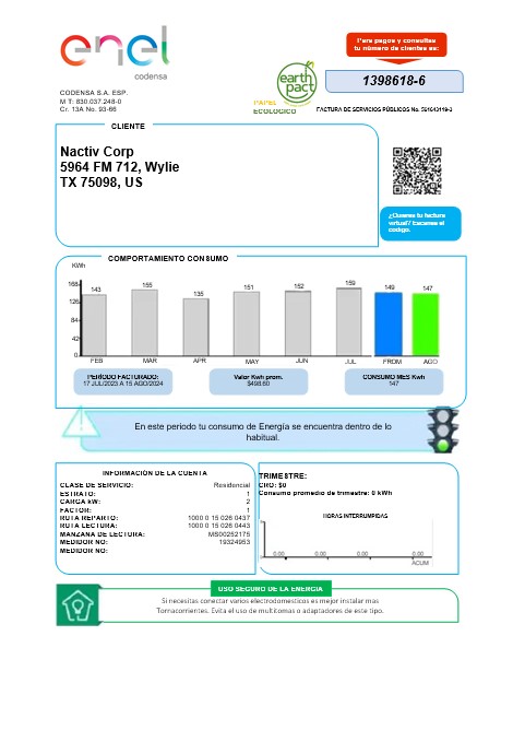 Colombia ENEL energy business utility bill template in Word and pdf formats